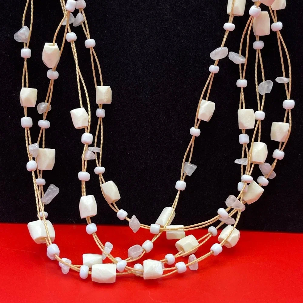 Vintage‎ Multi Strand Beaded Necklace White Cream Stone Shell Boho Beachy
